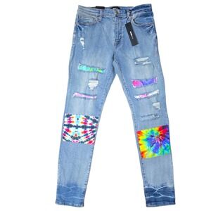 NOVA MEN Tie Dye‎ Patchwork Skinny Jeans Medium Wash Distressed Hippie Size 32